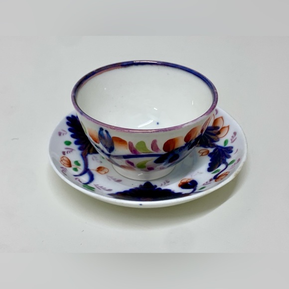 19th Century Antique Gaudy Welsh Grape Pattern Miniature Handleless Cup & Saucer - Picture 2 of 16